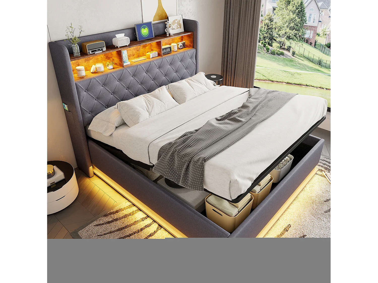 Lit rembourré hydraulique 160x200cm, lit coffre avec port de charge USB, tissu lin, gris, sans matelas