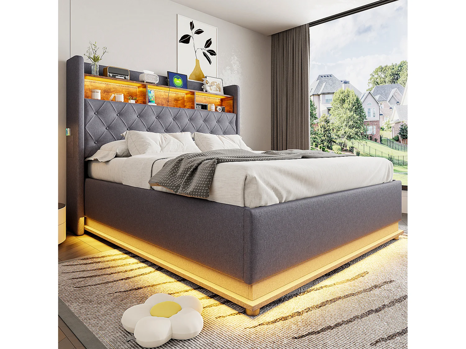 Lit rembourré hydraulique 160x200cm, lit coffre avec port de charge USB, tissu lin, gris, sans matelas