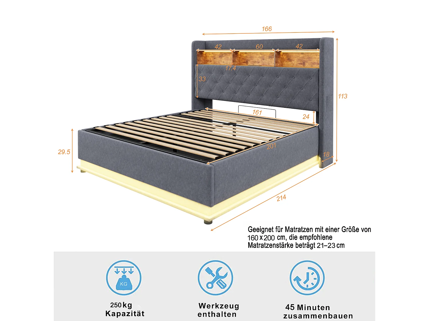 Lit rembourré hydraulique 160x200cm, lit coffre avec port de charge USB, tissu lin, gris, sans matelas