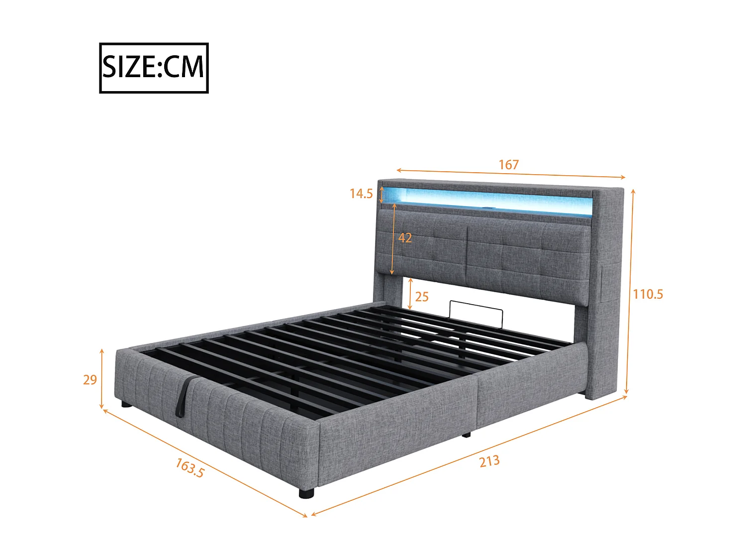 Gestoffeerd hydraulisch bed 160x200cm, LED-verlichting,USB-poort, opbergvakken en lattenbodem, linnen, grijs, matras niet inbegrepen