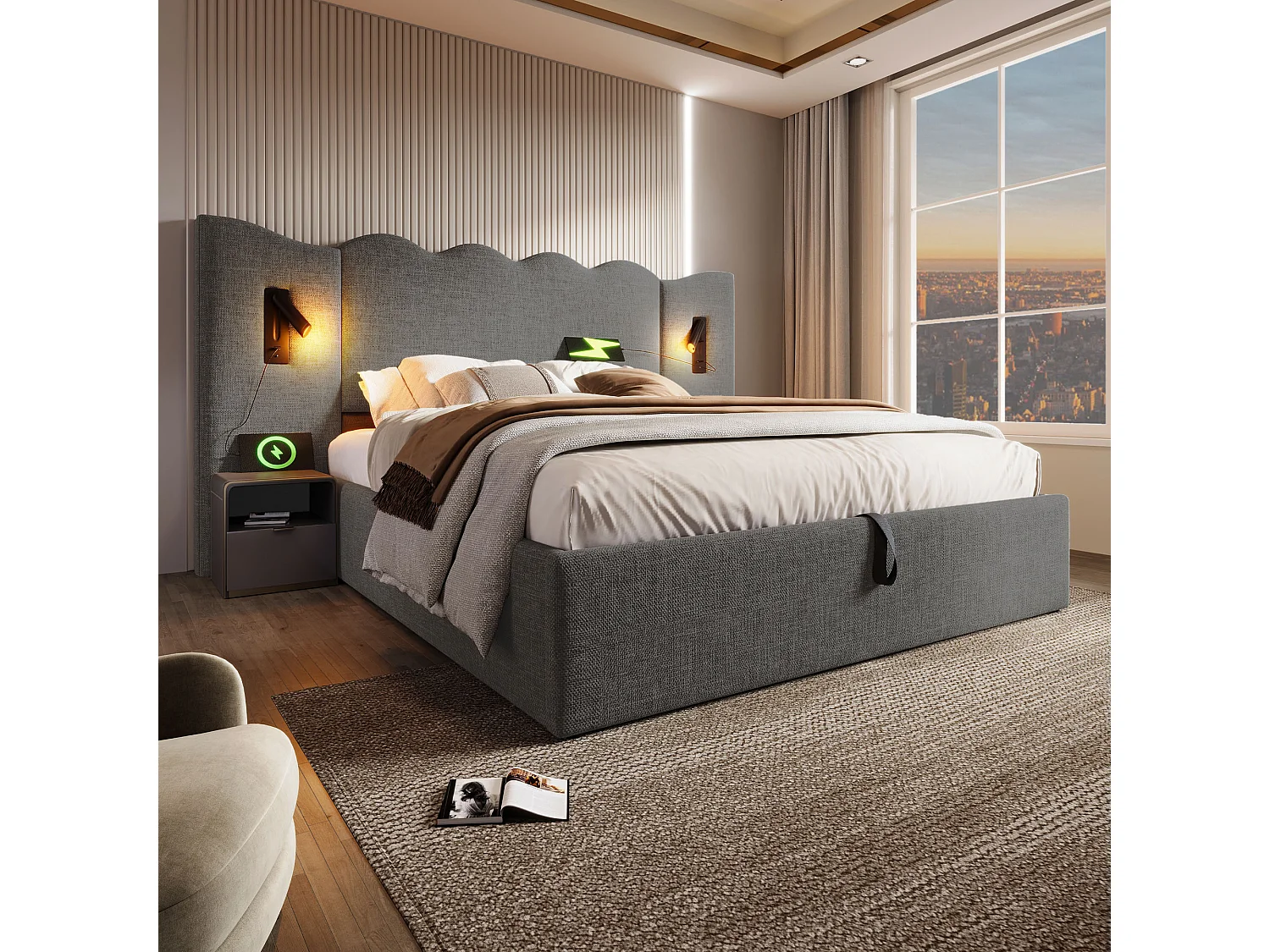 Lit rembourré, lit double 160x200cm, avec lampe de lecture, USB Type-C et sommier à lattes, lit coffre, lin, gris, matelas inclus