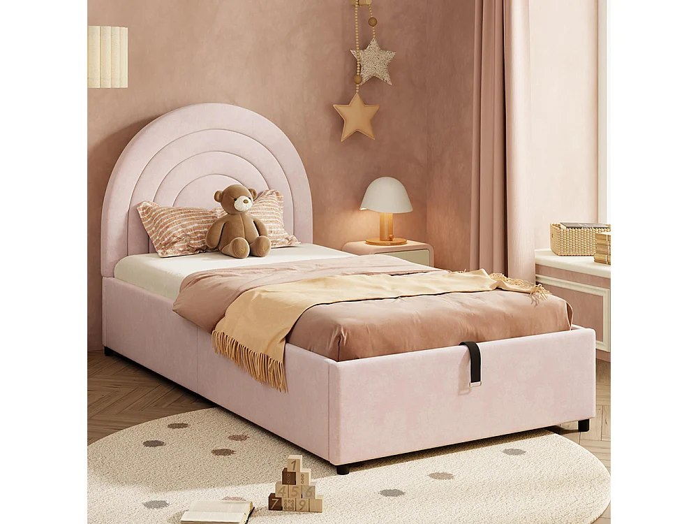 Gestoffeerd bed 90x200 cm, kinderbed, eenpersoonsbed met lattenbodem en hoofdeinde, tienerbed, houten lattenbodem, roze