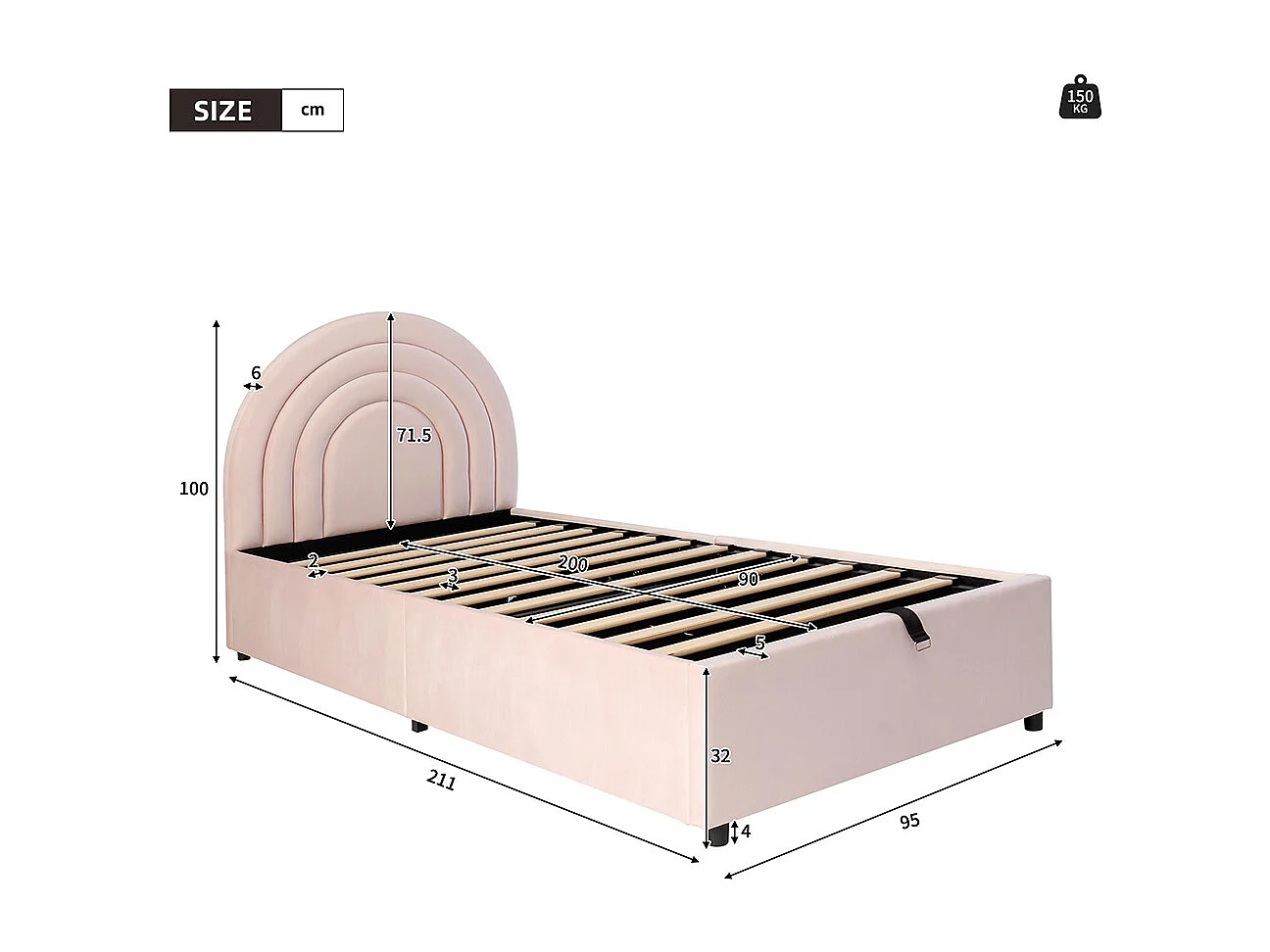 Gestoffeerd bed 90x200 cm, kinderbed, eenpersoonsbed met lattenbodem en hoofdeinde, tienerbed, houten lattenbodem, roze