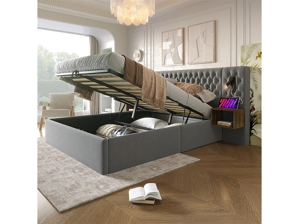 Lit rembourré hydraulique 160x200cm, lit coffre, lit double, avec 2 tables de chevet, liseuse intégrée, velours, gris, sans matelas