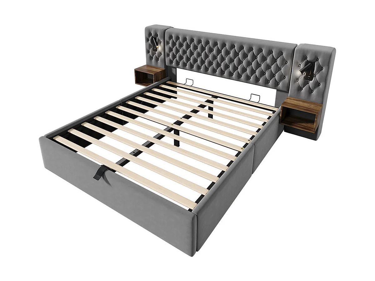 Lit rembourré hydraulique 160x200cm, lit coffre, lit double, avec 2 tables de chevet, liseuse intégrée, velours, gris, sans matelas