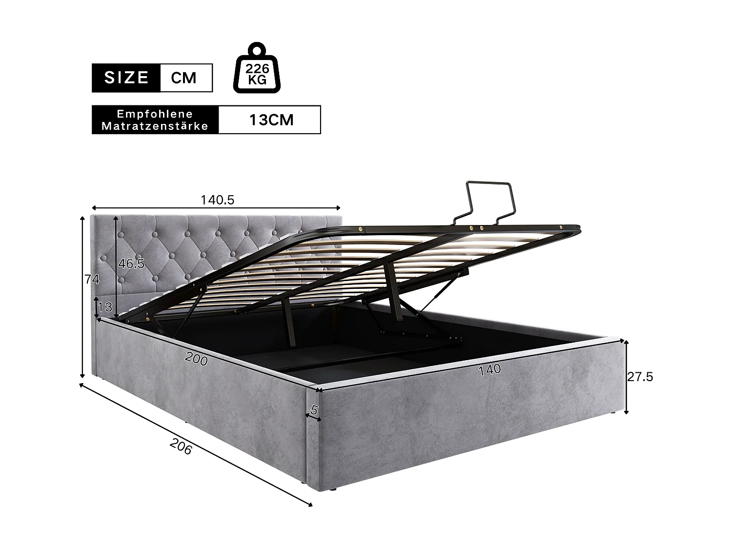 Lit rembourré hydraulique 140x200cm, lit double, avec tête de lit, rangement et sommier à lattes, velours, gris, sans matelas