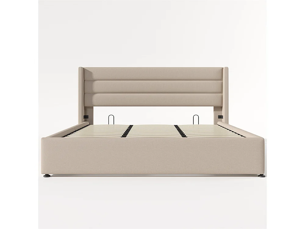Lit rembourré hydraulique 180x200 cm, lit de rangement avec sommier à lattes en bois, lit en métal, lit double, lin, beige