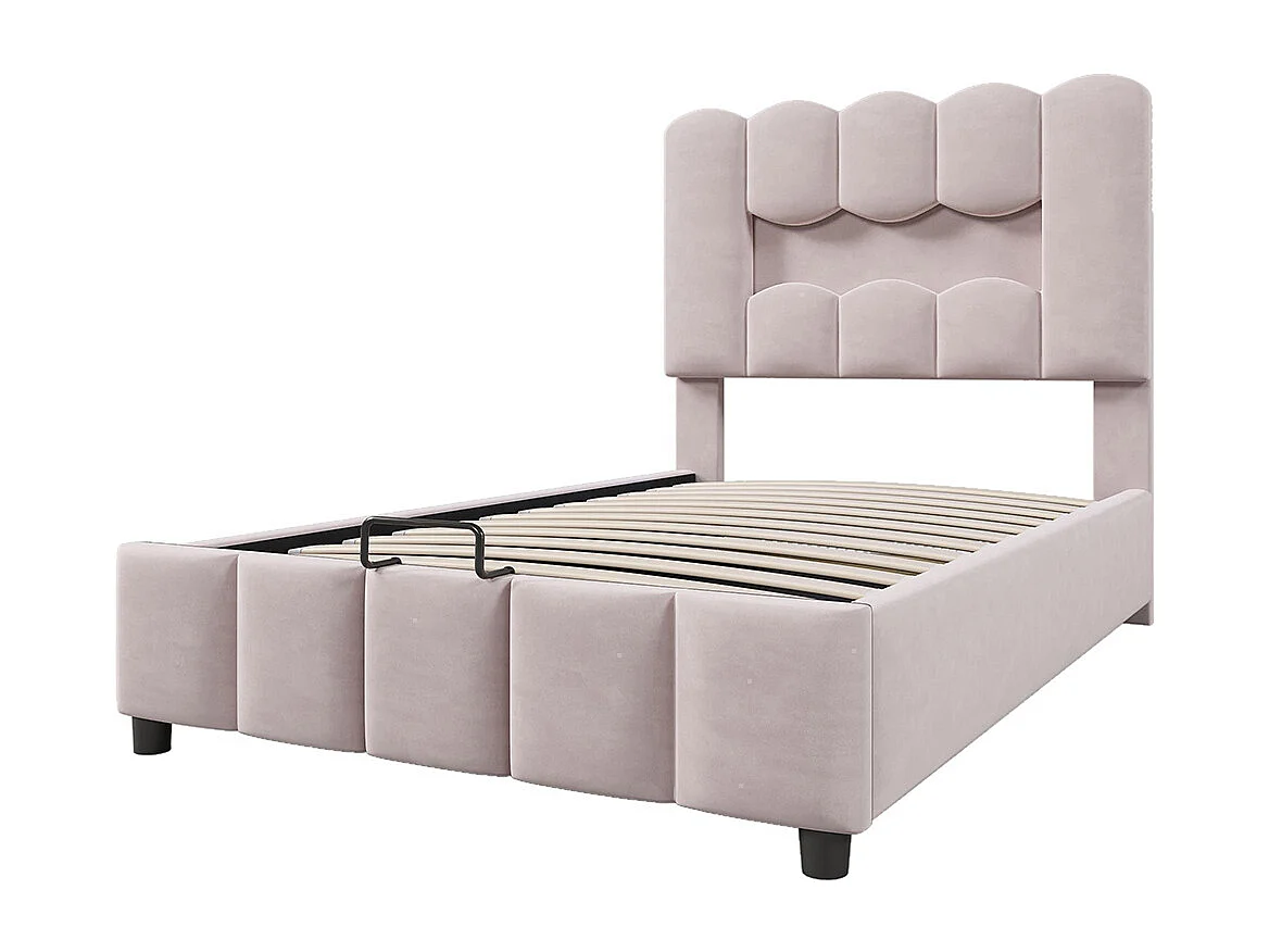 Gestoffeerd roze bed met verstelbaar hoofdeinde, ledverlichting, hydraulisch systeem, 90x200 cm