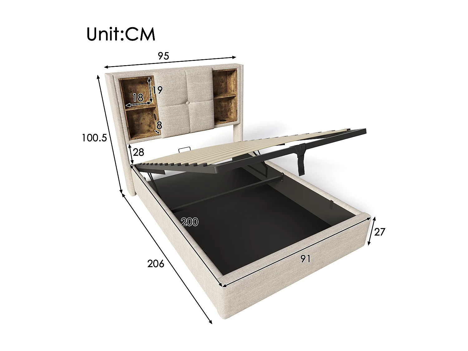 Lit rembourré 90x200cm, lit simple, avec chargeur sans fil USB C, rangement et sommier à lattes, lin, naturel, avec matelas