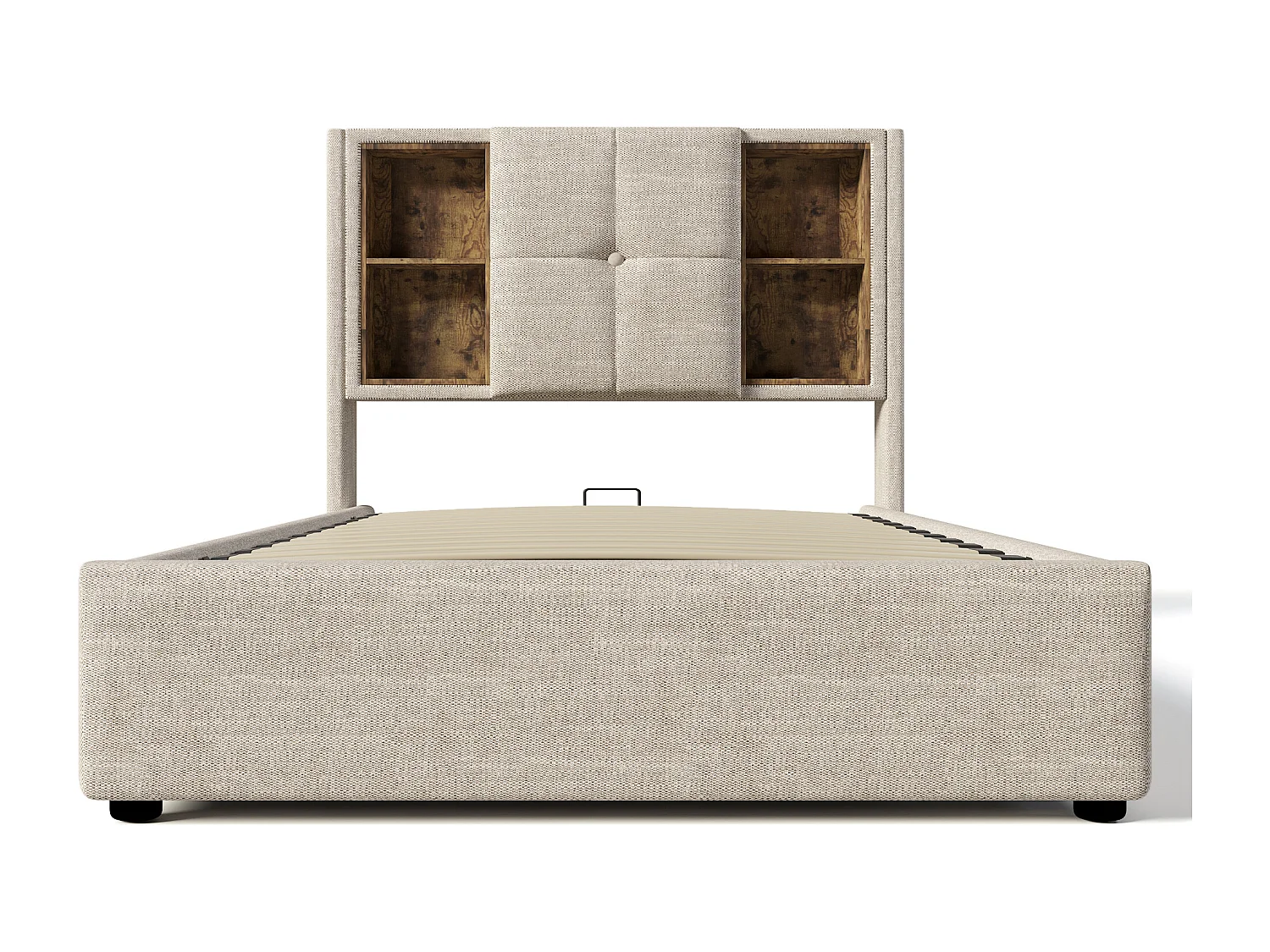 Lit rembourré 90x200cm, lit simple, avec chargeur sans fil USB C, rangement et sommier à lattes, lin, naturel, avec matelas