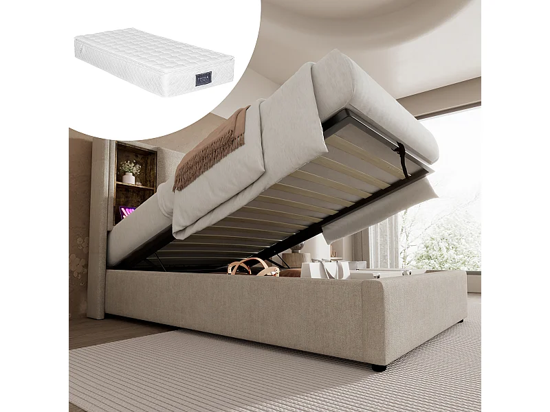 Lit rembourré 90x200cm, lit simple, avec chargeur sans fil USB C, rangement et sommier à lattes, lin, naturel, avec matelas