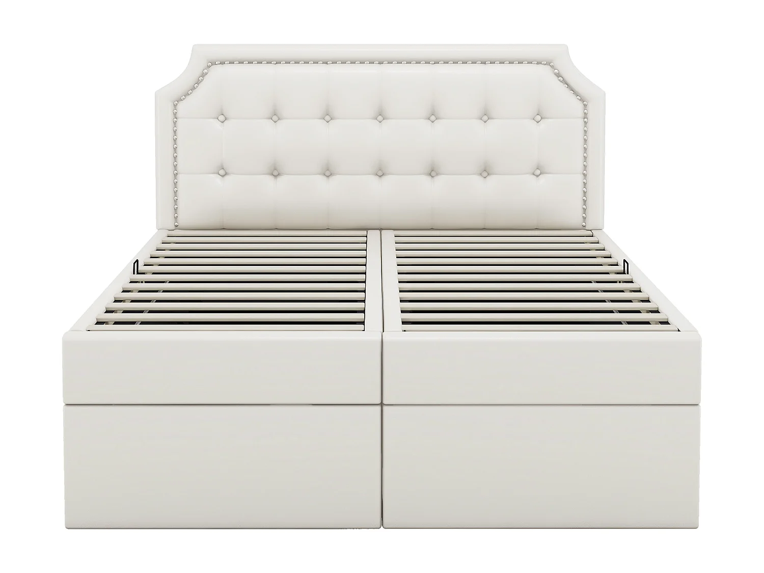 Gestoffeerd bed, 140x200cm, tweepersoonsbed met metalen lattenbodem, opbergruimte, PU, wit, matras niet inbegrepen