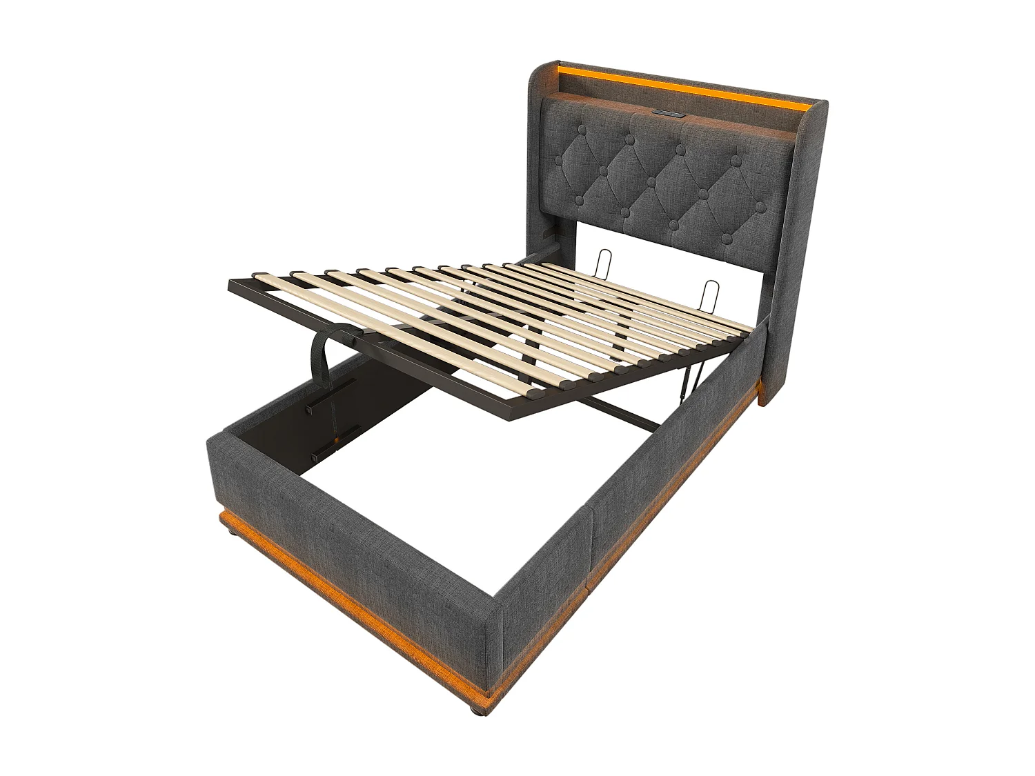 Hydraulisch gestoffeerd bed, 90 x 200 cm, eenpersoonsbed, opbergbed, hoofdbord met USB Type-C-poort, linnen, grijs, inclusief matras