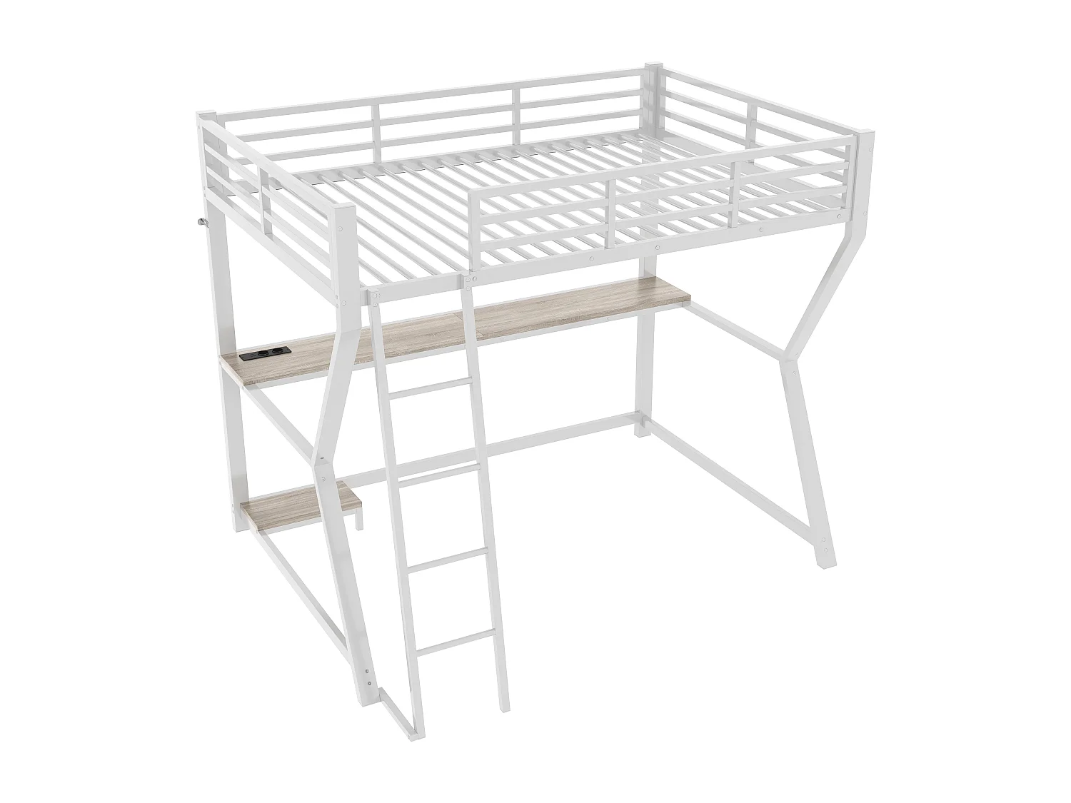 Hoogslaper 90x200cm, met ledverlichting, plank voor computerconsole, bureau, stopcontact + USB-poort, leuning en trap