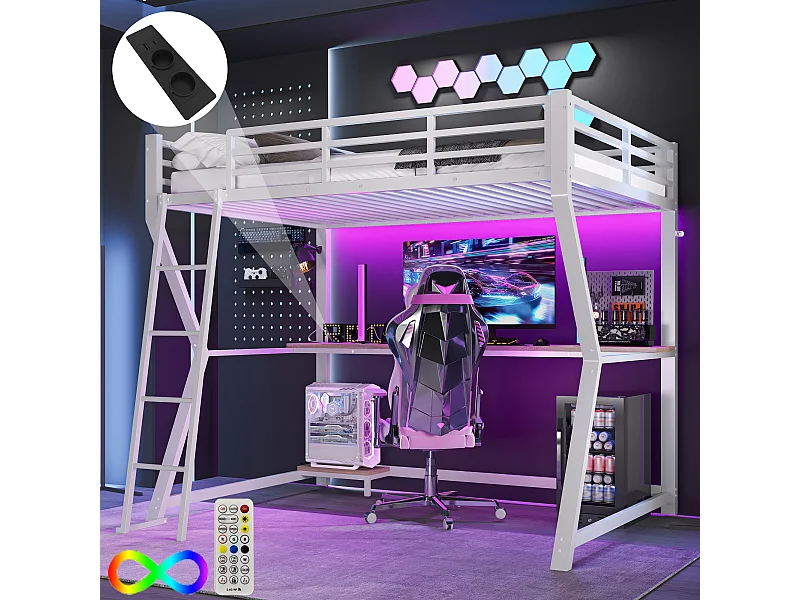 Hoogslaper 90x200cm, met ledverlichting, plank voor computerconsole, bureau, stopcontact + USB-poort, leuning en trap