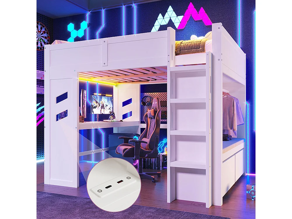 Lit mezzanine, 140x200cm, avec bureau, éclairage LED, 1 port USB Type-C, échelle, tiroir, portant, sans matelas, blanc