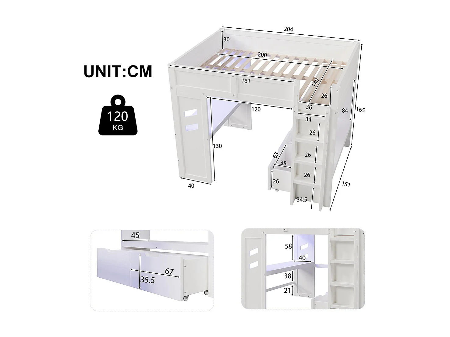 Lit mezzanine, 140x200cm, avec bureau, éclairage LED, 1 port USB Type-C, échelle, tiroir, portant, sans matelas, blanc