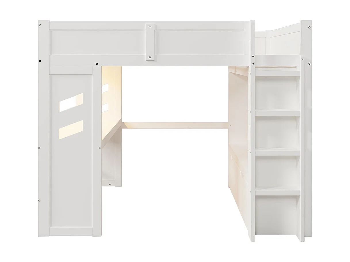 Lit mezzanine, 140x200cm, avec bureau, éclairage LED, 1 port USB Type-C, échelle, tiroir, portant, sans matelas, blanc