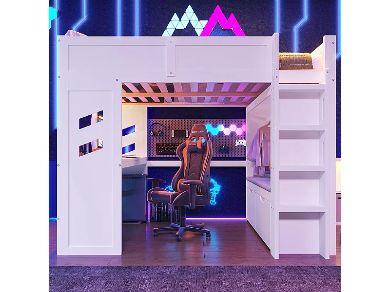 Lit mezzanine, 140x200cm, avec bureau, éclairage LED, 1 port USB Type-C, échelle, tiroir, portant, sans matelas, blanc