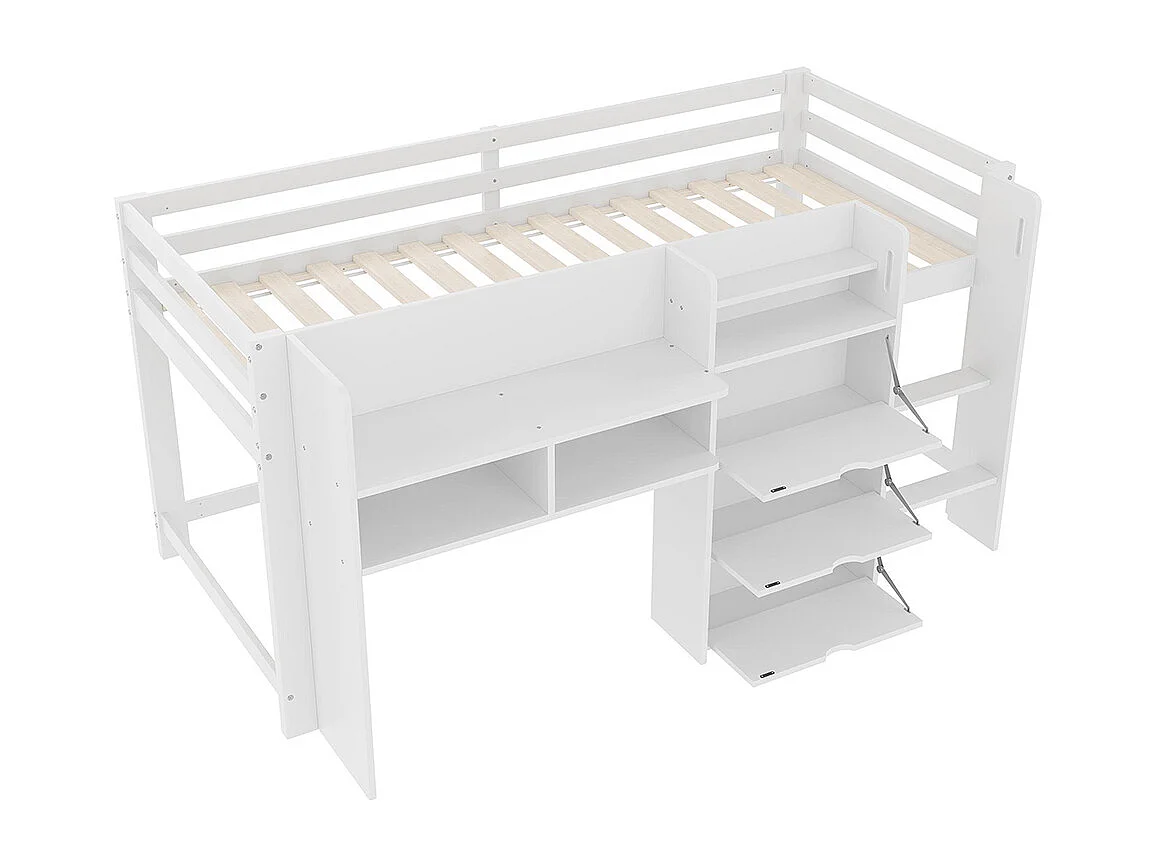 Lit mezzanine 90x200cm en forme de maison, avec rangements, coin TV, blanc, sans matelas