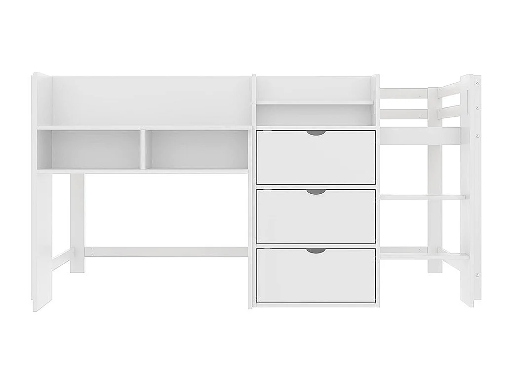 Lit mezzanine 90x200cm en forme de maison, avec rangements, coin TV, blanc, sans matelas