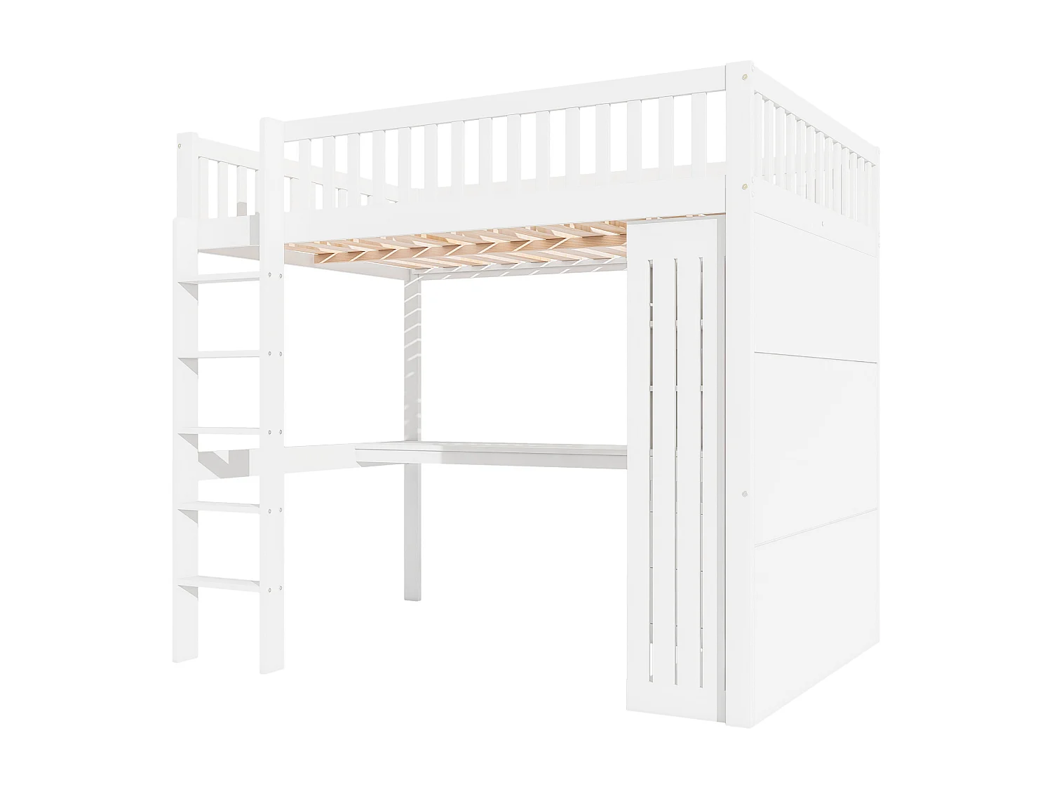 Lit mezzanine, 140 x 200 cm, avec bureau, armoire, 3 tiroirs, rangements ouverts, rambarde et escalier, blanc, sans matelas