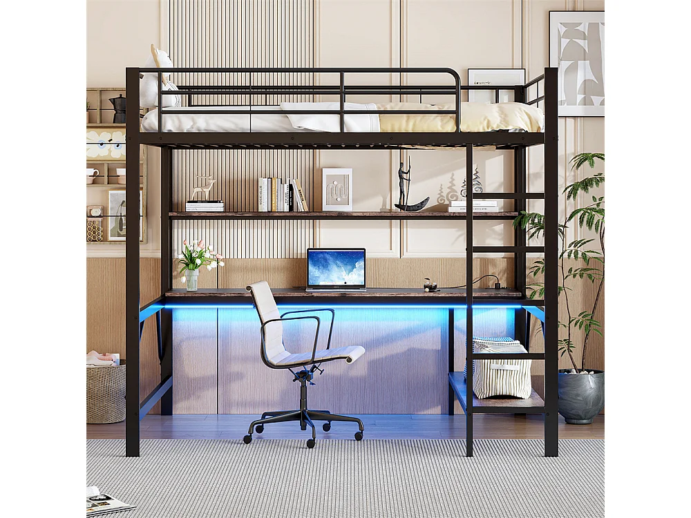 Lit mezzanine 140x200cm, avec rambarde, échelle, prises USB et autres, éclairage LED, bureau, étagère, métal, noir, sans matelas