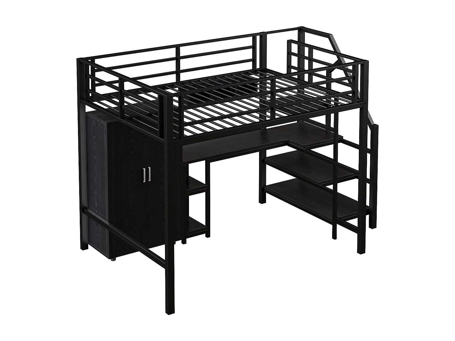 Lit mezzanine, 140 x 200 cm, avec armoire, étagères, échelle de rangement et bureau, en métal noir, sans matelas
