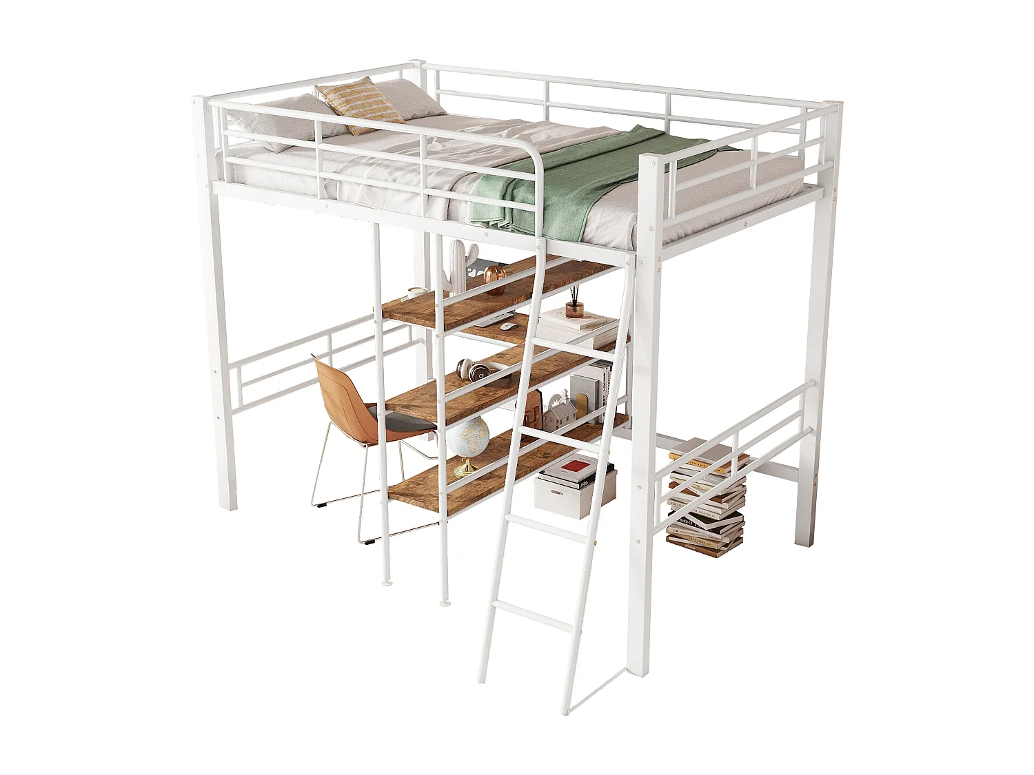 Lit mezzanine, 90 x 200 cm, avec bureau, plusieurs étagères, rambarde et échelle, structure en fer, blanc, sans matelas