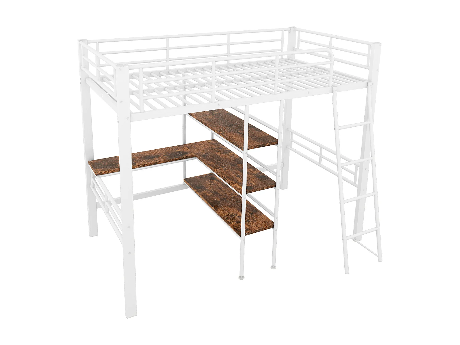 Lit mezzanine, 90 x 200 cm, avec bureau, plusieurs étagères, rambarde et échelle, structure en fer, blanc, sans matelas