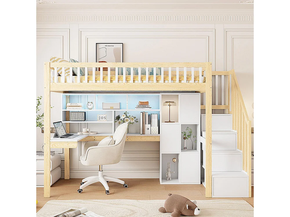 Lit mezzanine,90x200cm,avec éclairage LED,échelle de rangement,étagères,compartiments de rangement,bureau,sans matelas,blanc+naturel