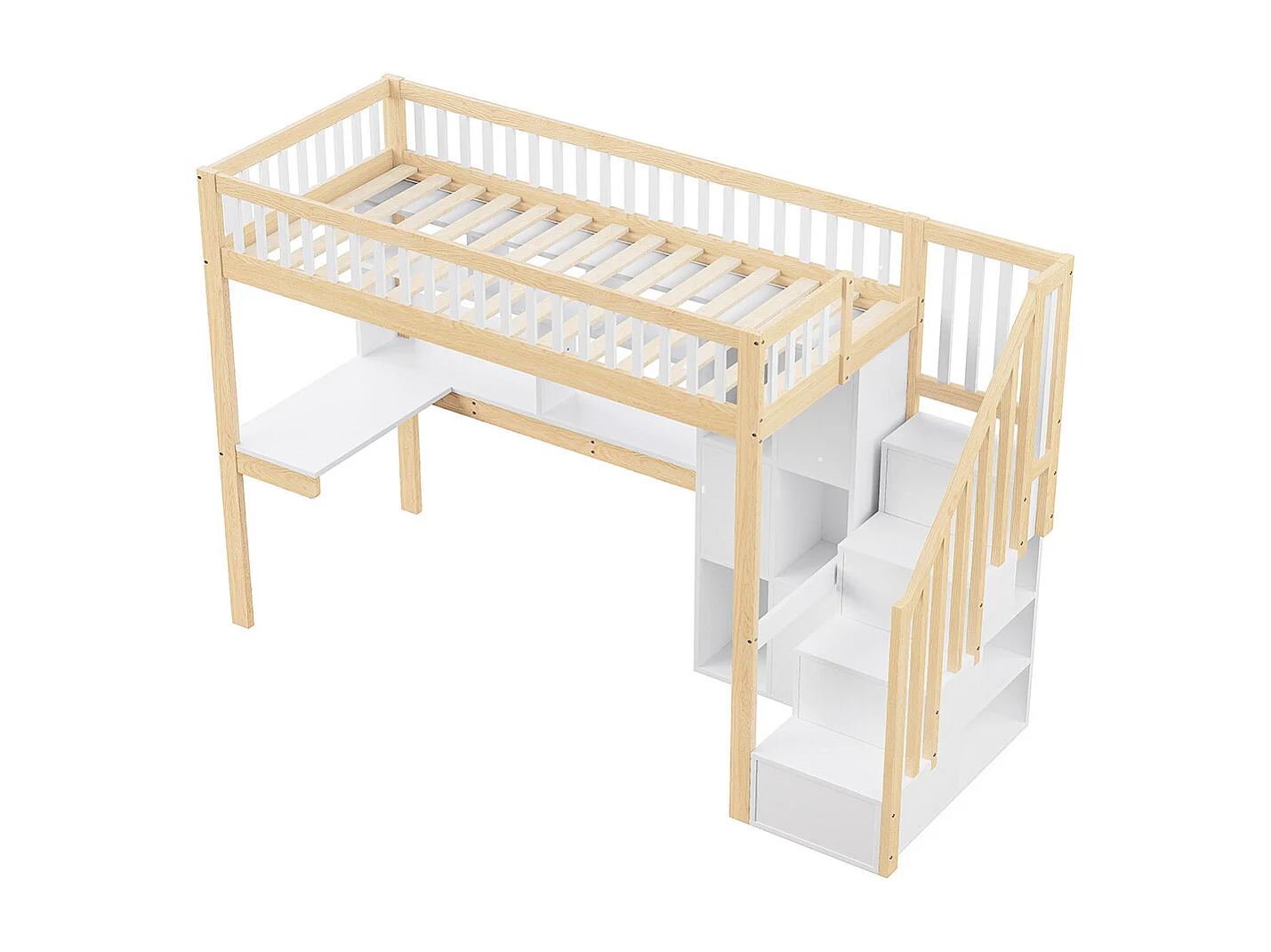 Lit mezzanine,90x200cm,avec éclairage LED,échelle de rangement,étagères,compartiments de rangement,bureau,sans matelas,blanc+naturel