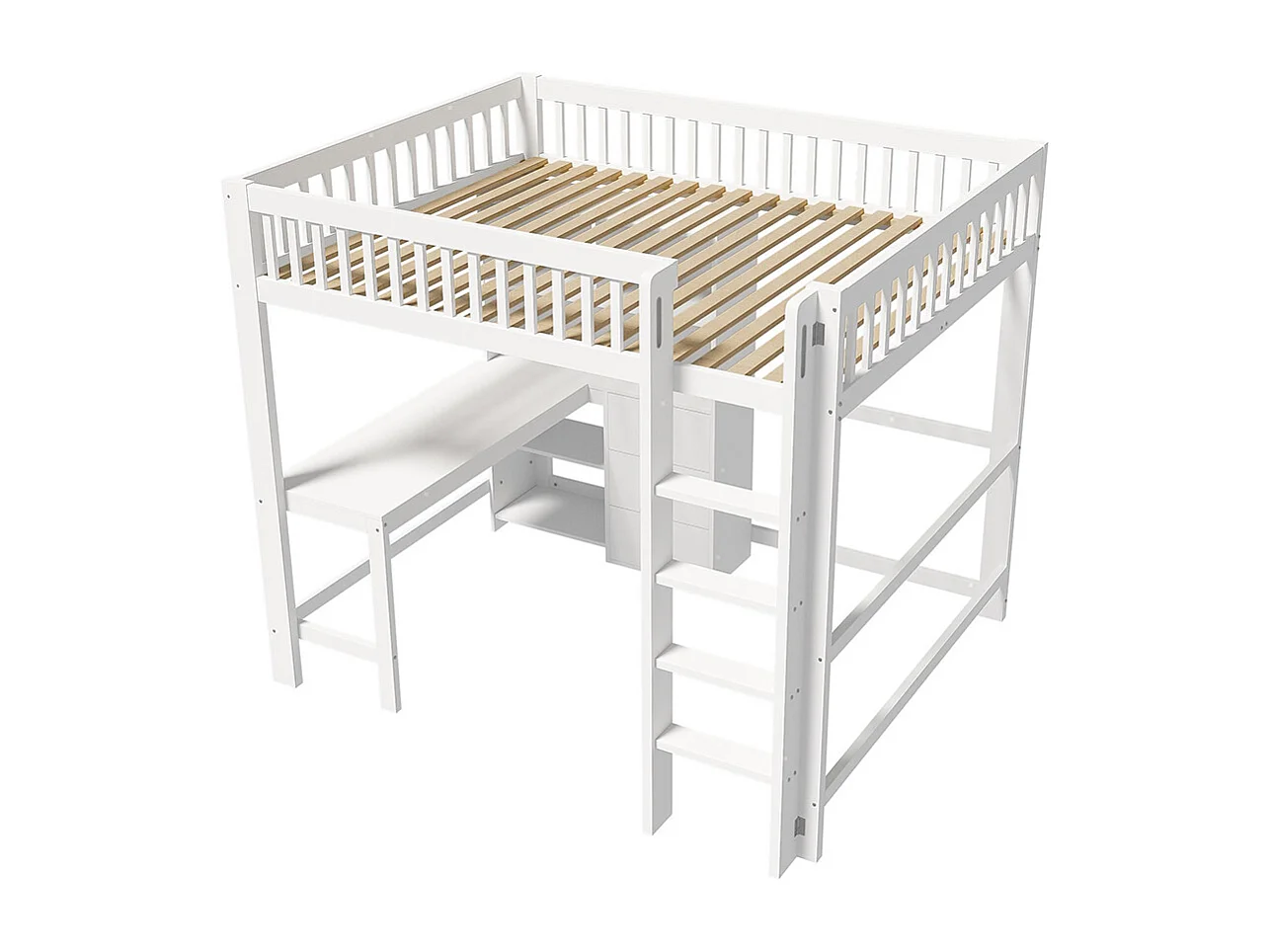 Lit mezzanine, 140x200 cm, multiples rangements, échelle, bureau, 3 tiroirs, sans matelas, blanc
