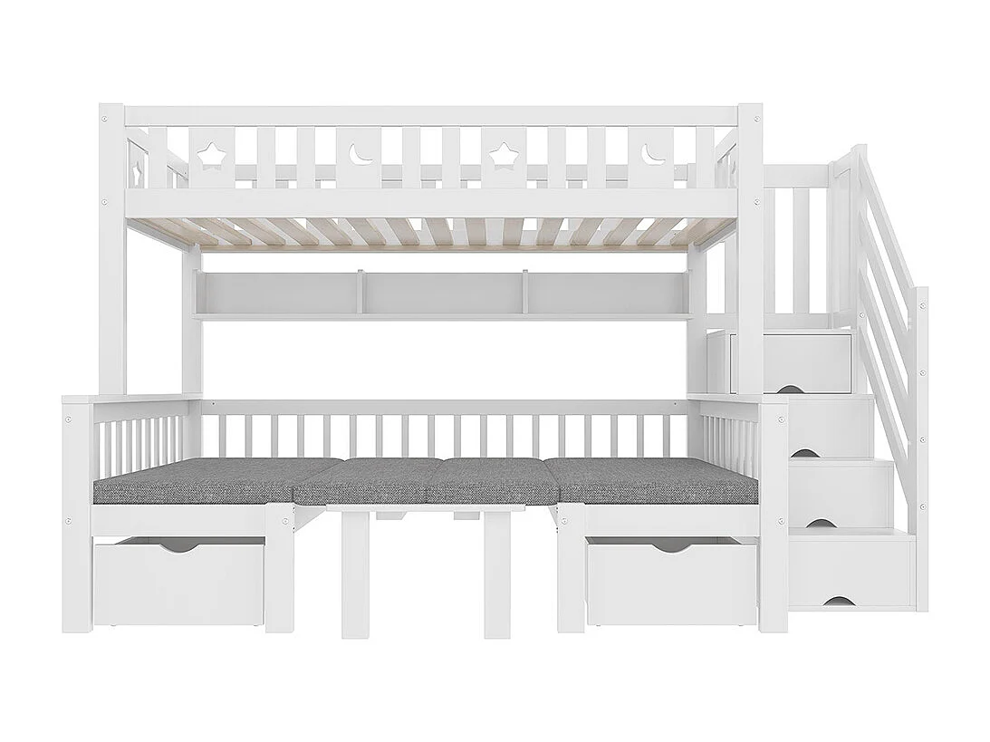 Lit mezzanine multifonction, 90x200cm, 2 en 1 lit et bureau, échelle de rangement, clôture décorative avec étoiles et lune, blanc