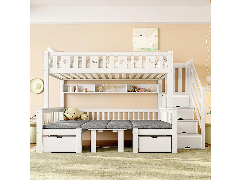 Lit mezzanine multifonction, 90x200cm, 2 en 1 lit et bureau, échelle de rangement, clôture décorative avec étoiles et lune, blanc