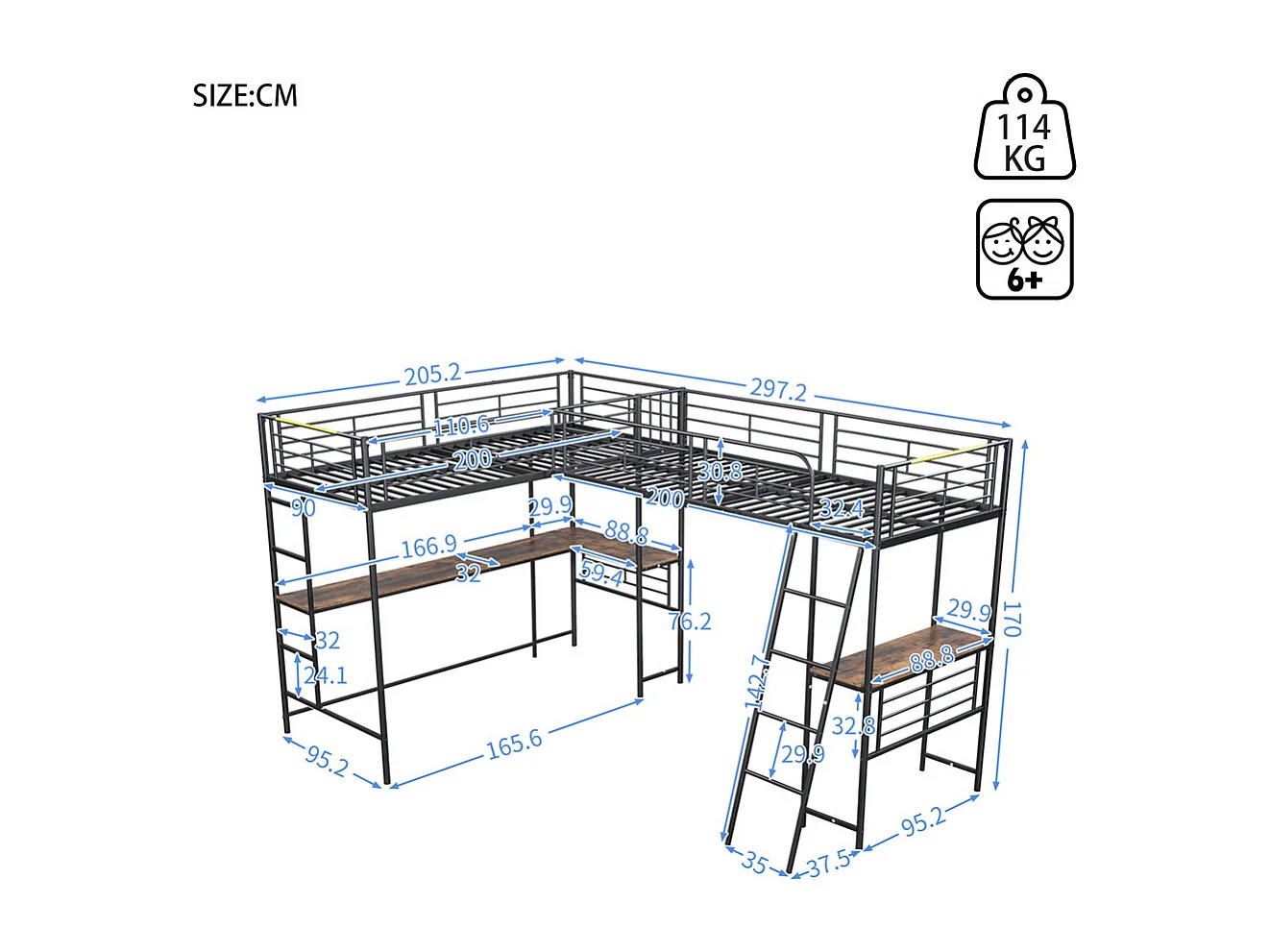 Lit mezzanine 90x200cm, deux lits superposés, table sous le lit, double escalier, rambarde haute, métal, noir, sans matelas