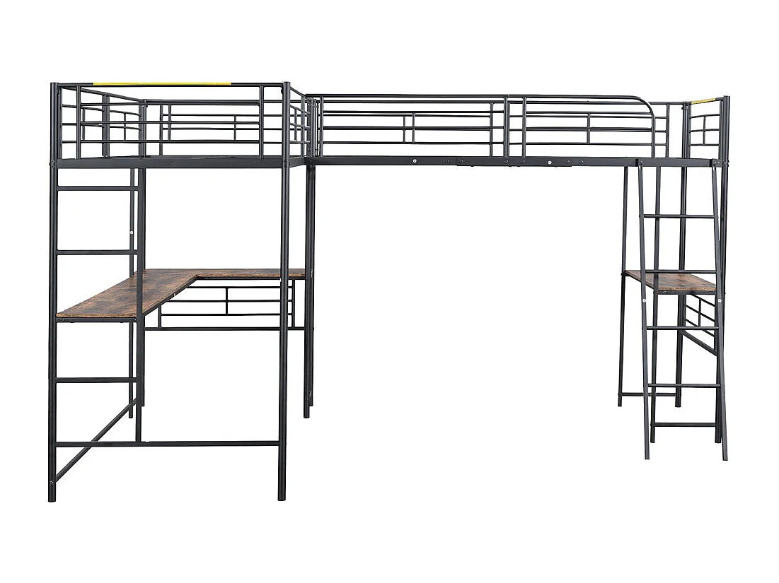 Lit mezzanine 90x200cm, deux lits superposés, table sous le lit, double escalier, rambarde haute, métal, noir, sans matelas