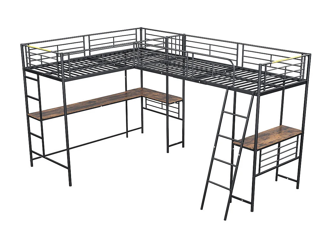 Lit mezzanine 90x200cm, deux lits superposés, table sous le lit, double escalier, rambarde haute, métal, noir, sans matelas