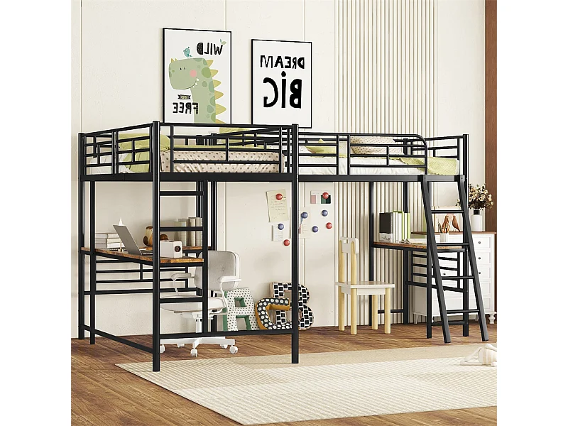 Lit mezzanine 90x200cm, deux lits superposés, table sous le lit, double escalier, rambarde haute, métal, noir, sans matelas