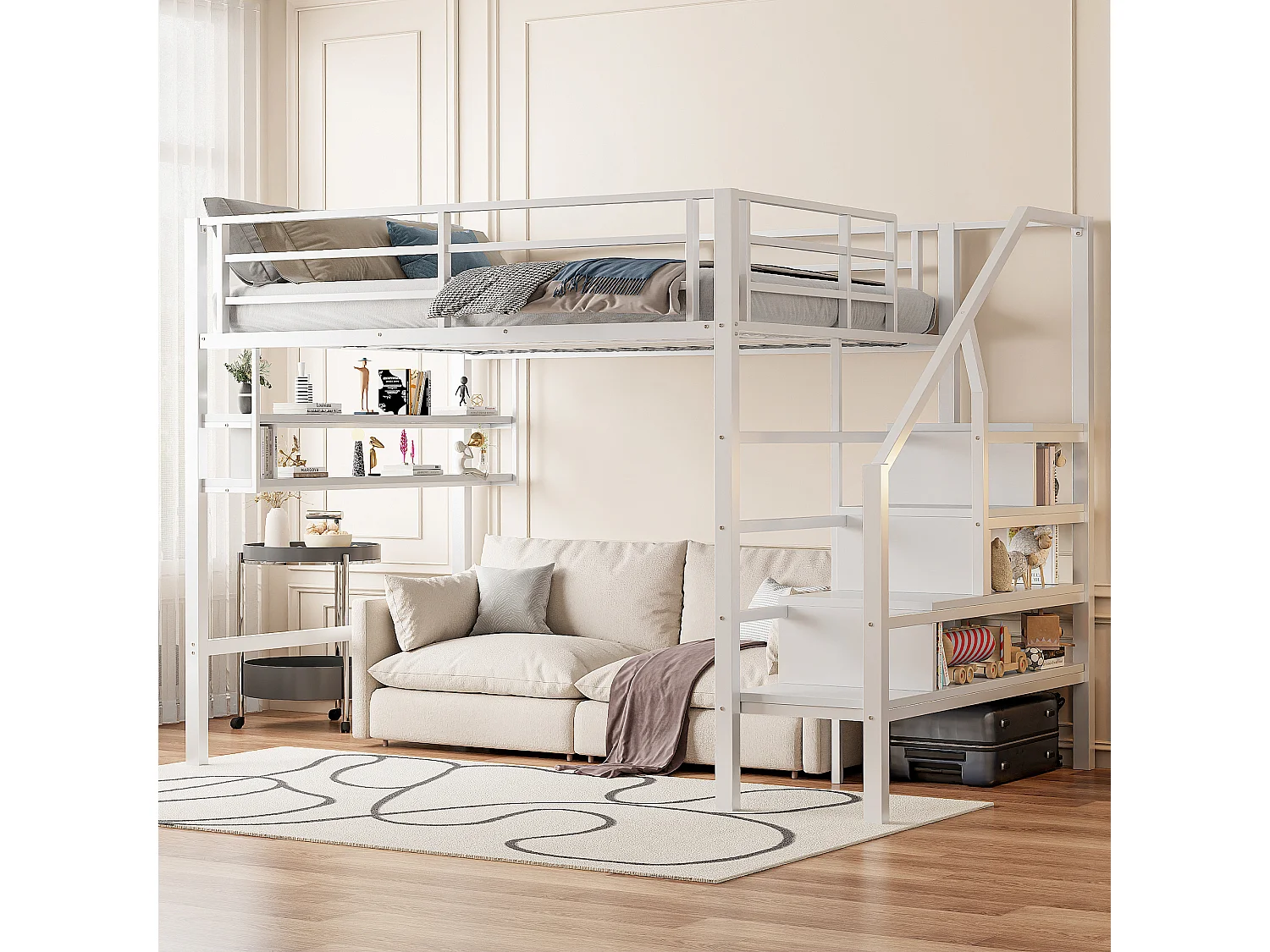 Lit mezzanine 140x200cm, avec étagères, échelle de rangement, espace sous le lit pour revêtement et rambarde, blanc, sans matelas