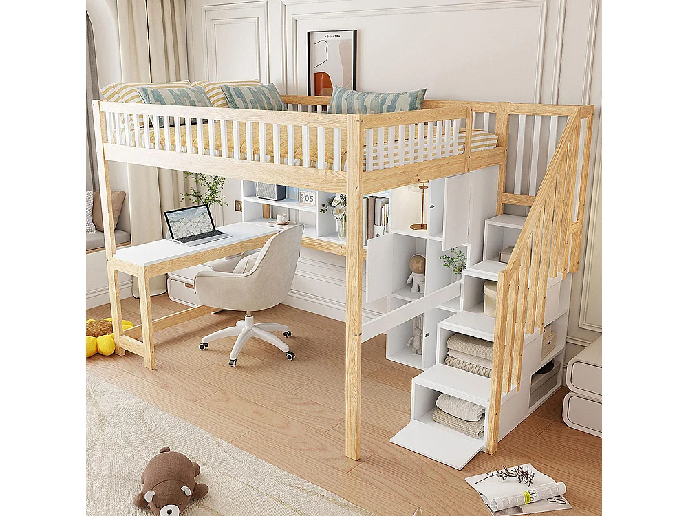 Hoogslaper, 140x200cm, met ledverlichting, opbergladder, planken, opbergvakken, bureau, zonder matras, wit + naturel