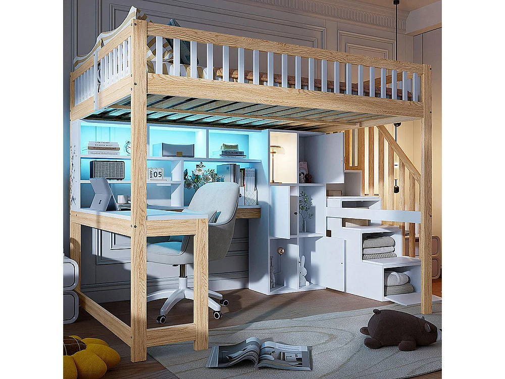 Hoogslaper, 140x200cm, met ledverlichting, opbergladder, planken, opbergvakken, bureau, zonder matras, wit + naturel