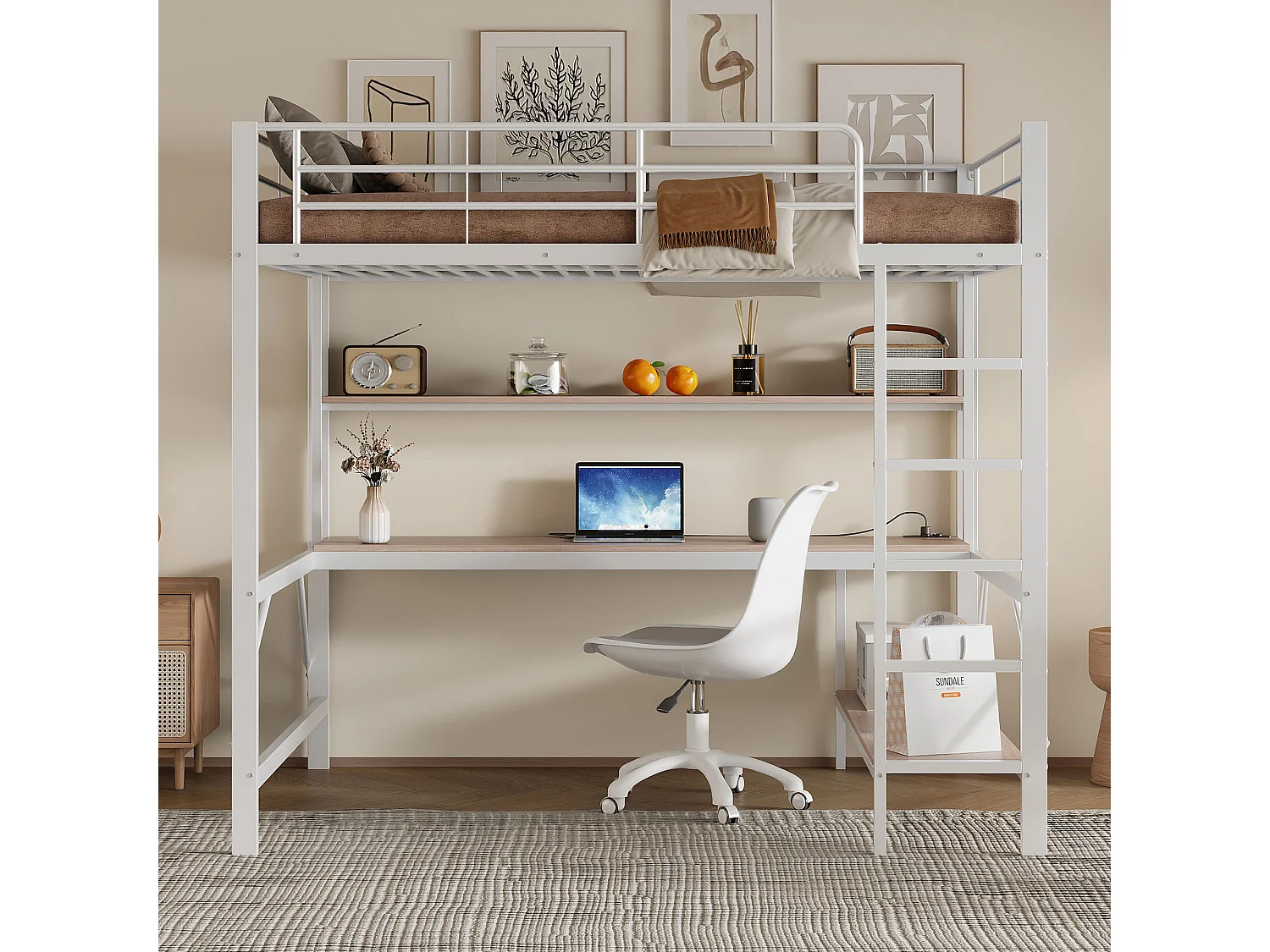 Stapelbed 140x200cm, met veiligheidshekje, ladder, USB-poorten, LED-verlichting, bureau, plank, metaal, wit, matras niet inbegrepen