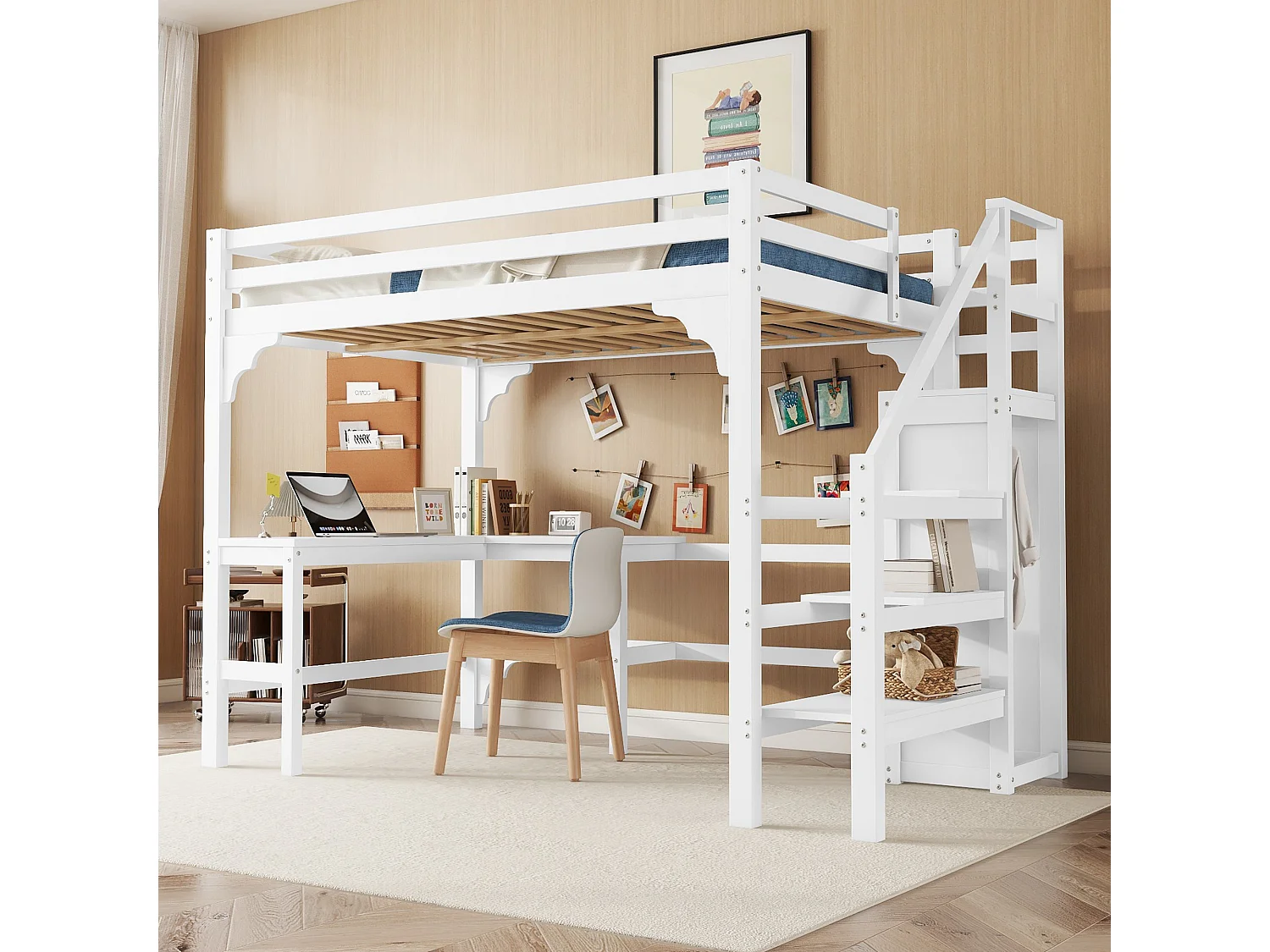 Lit mezzanine 140 x 200 cm avec bureau en L élégant et armoire ouverte, en pin blanc, sans matelas