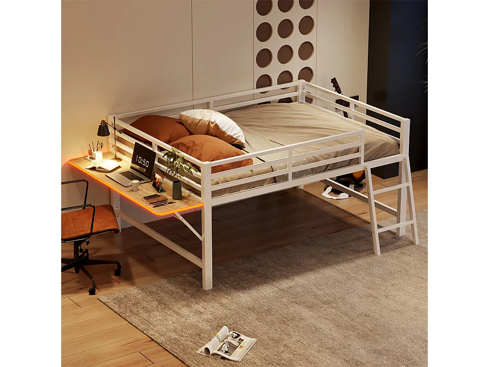 Lit plat, 140 x 200 cm, sommier métallique, barrière de sécurité, échelle, bureau, éclairage LED télécommandé, blanc, sans matelas