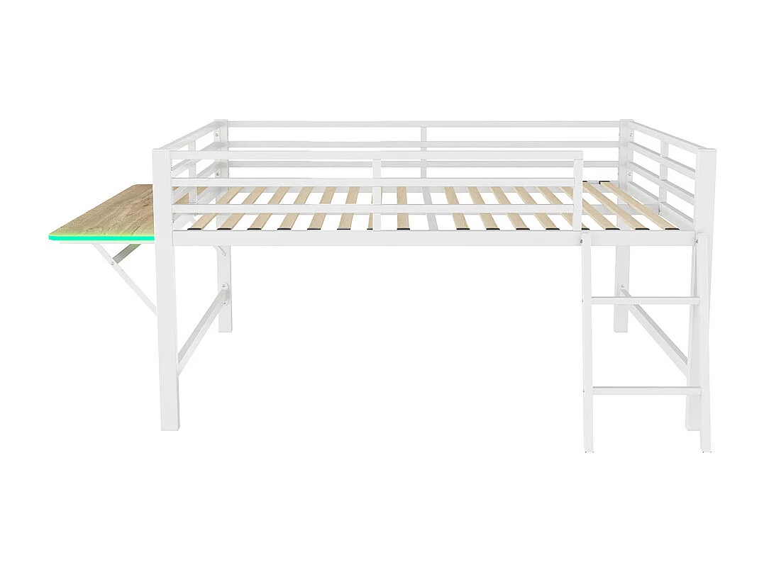 Lit plat, 140 x 200 cm, sommier métallique, barrière de sécurité, échelle, bureau, éclairage LED télécommandé, blanc, sans matelas