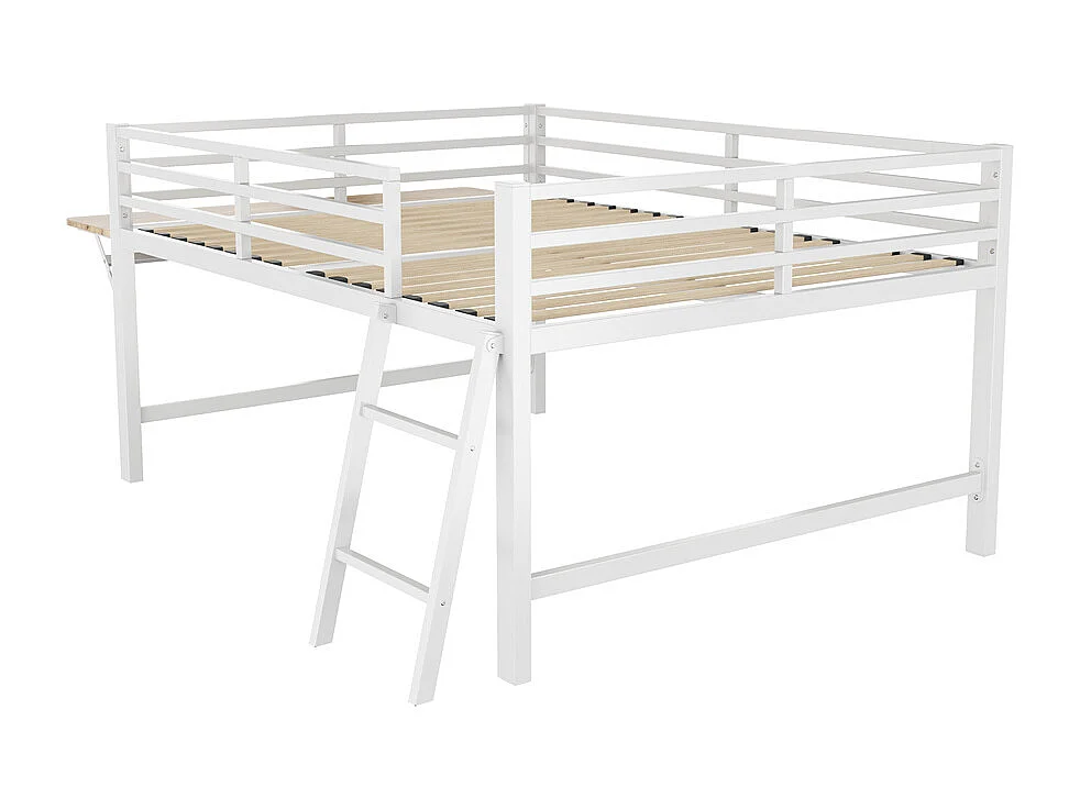 Lit plat, 140 x 200 cm, sommier métallique, barrière de sécurité, échelle, bureau, éclairage LED télécommandé, blanc, sans matelas