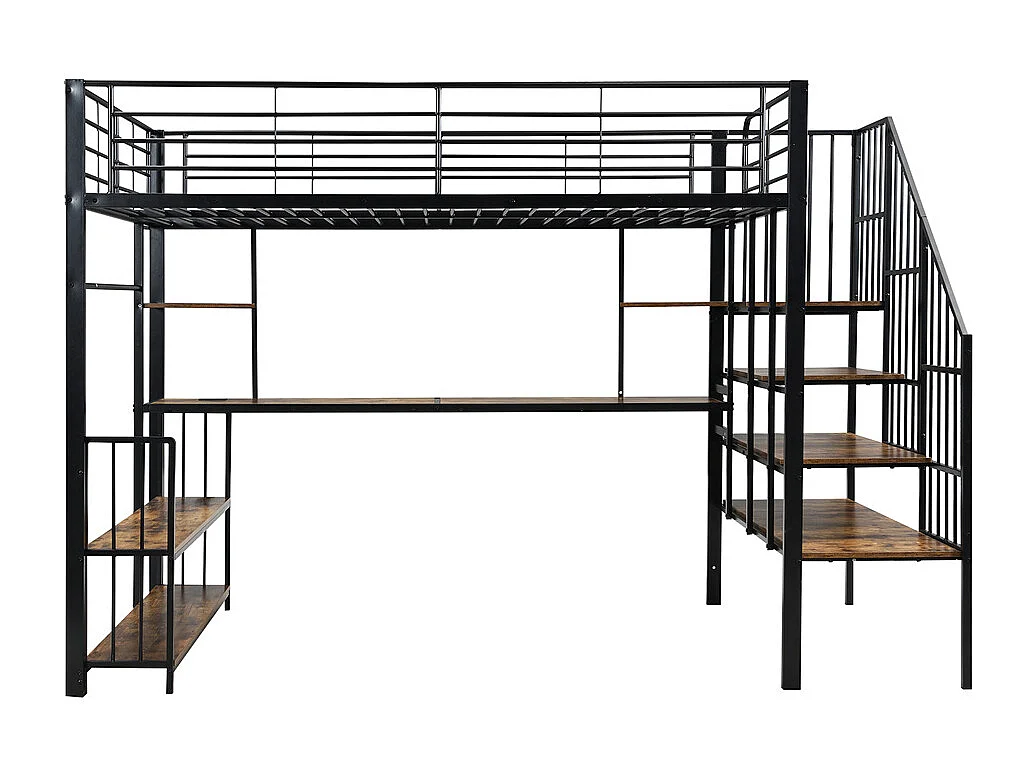 Lit mezzanine en fer,120x200cm,échelle latérale avec main courante,port de charge,cintre,espace de rangement,fer+MDF,noir+foncé