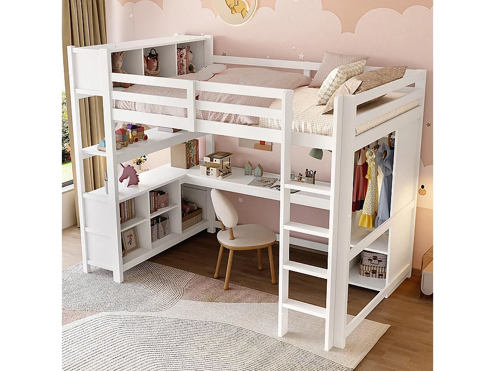 Lit mezzanine, 140x200 cm, étagères, rangements multiples, bureau, penderie, sans matelas, blanc