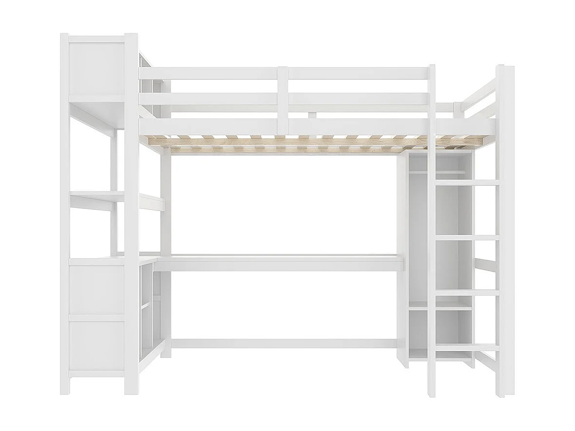 Lit mezzanine, 140x200 cm, étagères, rangements multiples, bureau, penderie, sans matelas, blanc